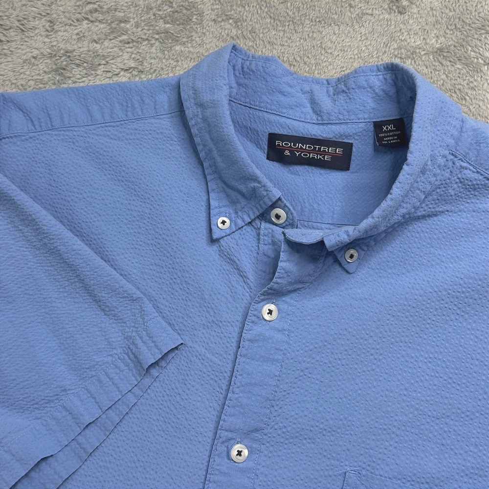 Roundtree & Yorke Mens XXL Blue Seersucker Short Sleeve Button Down Shirt Cotton
